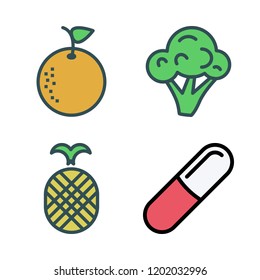 vitamin icon set. vector set about pineapple, orange, pills and broccoli icons set.