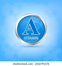 Vitamin A icon structure blue substance. 3D Vector Illustration. Personal care, beauty concept. Medicine health symbol of thiamine. Drug business concept. Vitamin complex with chemical formula. 