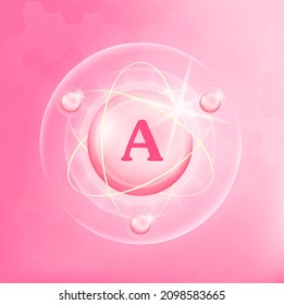 Vitamin A icon structure light pink substance. Medicine health symbol of thiamine. Drug business concept. Vector Illustration. 3D Vitamin complex with chemical formula. Personal care, beauty concept