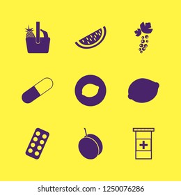 vitamin icon. vitamin vector icons set apricot, lemon, black currant berry and basket pineapple banana