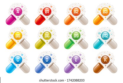 Vitaminsymbole. Ergänzende Kapselpille mit a, b, b1, b2, b3, b5, b6, b9, b12, c, d, e, k Vektor-Vitaminen. 3d Medizinisches Symbol, multikomplex für Gesundheit. Abbildung der Farbkugel. Lebensmittelversorgungsgerät