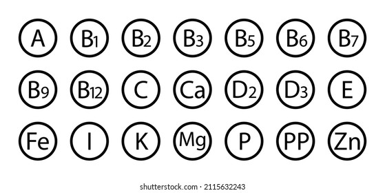 Vitamin icons. Complex vitamins for supplement. Set of round icons of a, b7, d, c, b3, e, b5, b12, b1, b2, b6, k, b, d3, b9, ca, d2, fe, i, mg, p, pp, zn. Symbols of organic diet. Vector.