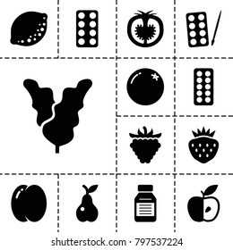 Vitamin icons. set of 13 editable filled vitamin icons such as orange, peach, paints, pear, strawberry, raspberry, apple, pill, tomato, medicine, spinach