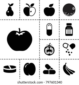 Vitamin icons. set of 13 editable filled vitamin icons such as peach, apple, pear, pill, medicine, banana, orange