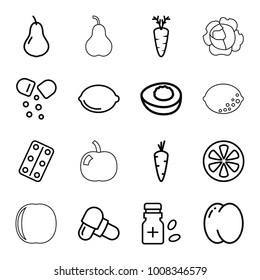 Vitamin icons. set of 16 editable outline vitamin icons such as carrot, pear, peach, pill, lemon, medical pills, medicine bottle, avocado, apple, cabbage