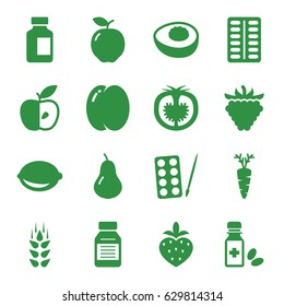 Vitamin icons set. set of 16 vitamin filled icons such as wheat, apple, pear, peach, paints, raspberry, pill, medical bottle, lemon, carrot, tomato, strawberry