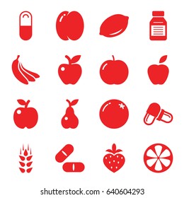 Vitamin icons set. set of 16 vitamin filled icons such as wheat, orange, peach, apple, lemon, pear, pill, strawberry, medicine