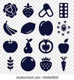 Vitamin icons set. set of 16 vitamin filled icons such as wheat, orange, peach, cabbage, apple, lemon, pear, strawberry, pill, carrot, tomato, virus and pills