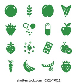 Vitamin icons set. set of 16 vitamin filled icons such as wheat, orange, peach, peas, spinach, apple, strawberry, raspberry, carrot, medical pills, pill, virus and pills