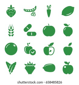 Vitamin icons set. set of 16 vitamin filled icons such as wheat, orange, apple, peas, spinach, lemon, lemon, raspberry, pill, strawberry