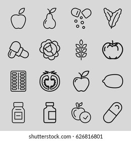 Vitamin icons set. set of 16 vitamin outline icons such as wheat, cabbage, spinach, apple, Lemon, pear, pill, medical bottle, tomato