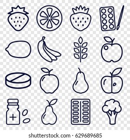 Vitamin icons set. set of 16 vitamin outline icons such as wheat, strawberry, apple, pear, cauliflower, paints, lemon, pill, lemon, medicine bottle