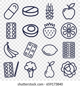 Vitamin icons set. set of 16 vitamin outline icons such as wheat, cabbage, cauliflower, paints, apple, pear, strawberry, pill, lemon, medical pills, avocado