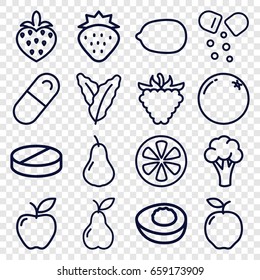 Vitamin icons set. set of 16 vitamin outline icons such as strawberry, orange, apple, pear, spinach, cauliflower, lemon, raspberry, pill, lemon