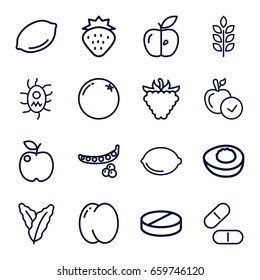 Vitamin icons set. set of 16 vitamin outline icons such as wheat, strawberry, orange, peach, peas, spinach, lemon, apple, raspberry, pill, virus and pills