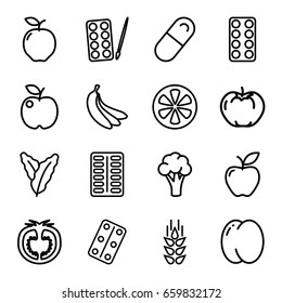 Vitamin icons set. set of 16 vitamin outline icons such as wheat, apple, peach, spinach, cauliflower, paints, pill, lemon, tomato, medical pills