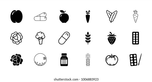 Vitamin icons. set of 18 editable filled and outline vitamin icons: wheat, apple, peach, paints, carrot on fork, medicine, cabbage, spinach, cauliflower, pill, carrot, orange