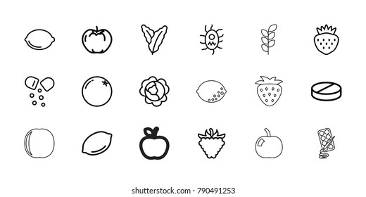 Vitamin icons. set of 18 editable outline vitamin icons: orange, cabbage, spinach, apple, lemon, strawberry, raspberry, pill, virus and pills, wheat, peach, paints