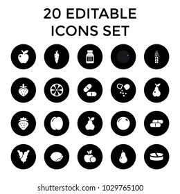 Vitamin icons. set of 20 editable filled vitamin icons such as strawberry, carrot, orange, pear, peach, apple, pill, lemon. best quality vitamin elements in trendy style.