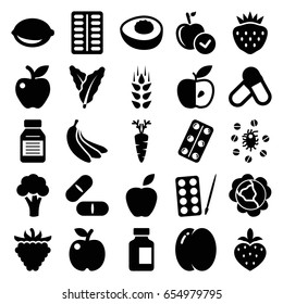 Vitamin icons set. set of 25 vitamin filled icons such as wheat, peach, cabbage, spinach, cauliflower, paints, apple, strawberry, raspberry, pill, medical bottle, lemon