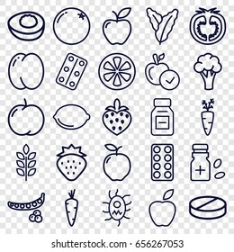 Vitamin icons set. set of 25 vitamin outline icons such as wheat, strawberry, carrot, orange, apple, peach, peas, spinach, cauliflower, pill, lemon, tomato, medical pills