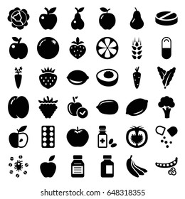 Vitamin icons set. set of 36 vitamin filled icons such as wheat, carrot, orange, apple, pear, peach, peas, cabbage, spinach, cauliflower, lemon, lemon, strawberry, raspberry