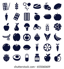 Vitamin icons set. set of 36 vitamin filled icons such as wheat, carrot, orange, apple, peach, peas, cabbage, spinach, cauliflower, lemon, paints, lemon, pear, strawberry