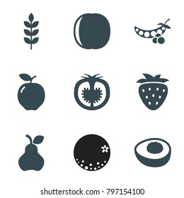 Vitamin icons. set of 9 editable filled vitamin icons such as wheat, apple, tomato, avocado, strawberry, orange, peach, peas