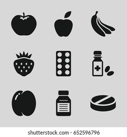 Vitamin icons set. set of 9 vitamin filled icons such as peach, apple, strawberry, pill, medicine bottle, medicine