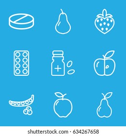 Vitamin icons set. set of 9 vitamin outline icons such as apple, pear, peas, pill, strawberry