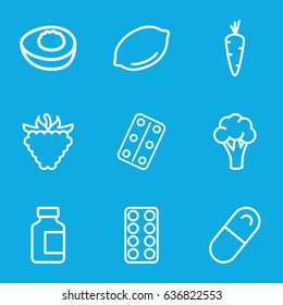 Vitamin icons set. set of 9 vitamin outline icons such as carrot, cauliflower, lemon, raspberry, pill, medical bottle, medical pills