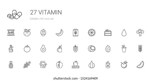 vitamin icons set. Collection of vitamin with peas, fig, apple, medicine, grape, pineapple, berry, coconut, strawberry, smoothie, banana. Editable and scalable vitamin icons.