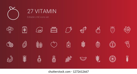 vitamin icons set. Collection of vitamin with wheat, watermelon, grape, pineapple, syrup, bananas, strawberry, peas, plum, papaya, tomatoes. Editable and scalable vitamin icons.