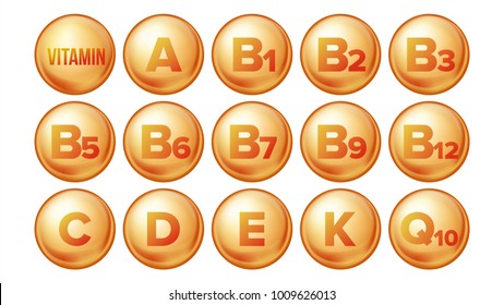 Vitamin Icons Set Vector. Organic Vitamin Gold Pill Icon. Medicine Capsule, Golden Substance. 3D Vitamin Complex With Chemical Formula. Isolated Illustration