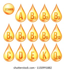 Vitamin Icons Set Vector. Organic Vitamin Gold Drop Icon. Droplet, Golden Substance. 3D Complex With Chemical Formula. Drip Isolated Illustration