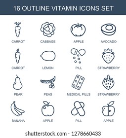 vitamin icons. Trendy 16 vitamin icons. Contain icons such as carrot, cabbage, apple, avocado, Lemon, pill, strawberry, pear, peas, medical pills. vitamin icon for web and mobile.