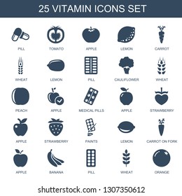 vitamin icons. Trendy 25 vitamin icons. Contain icons such as pill, tomato, apple, lemon, carrot, wheat, Lemon, cauliflower, peach, medical pills. vitamin icon for web and mobile.