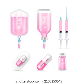 Vitamin A-Innen-Kochbeutel, Kapsel, Impfstoffflasche und Spritze einzeln auf weißem Hintergrund, Vektorgrafik. Serum Collagen Vitamine IV Tropf und Mineralien rosa für die Gesundheit. Medizinisches ästhetisches Konzept.