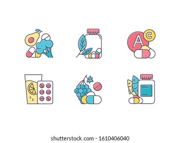 Vitamin intake color icons set. Vegetables and fruits for healthcare. Pharmaceutical aid. Diet supplement. Medication and pills. Multivitamin complex. Isolated vector illustrations