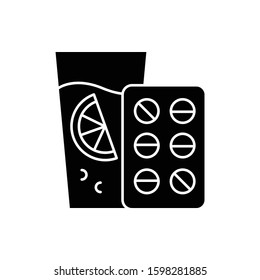 Vitamin intake glyph icon. Orange juice. Diet supplement. Citrus drink with vitamin C. Healthcare and nutrition. Multivitamin complex. Silhouette symbol. Negative space. Vector isolated illustration