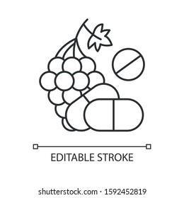 Vitamin intake linear icon. Grape, organic food. Nutritious diet supplement. Multivitamin complex. Thin line illustration. Contour symbol. Vector isolated outline drawing. Editable stroke