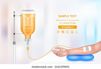 Vitamin Iv Drip Treatment. Needle Intravenous For Infusion On Arm In Clinic With Warm Tone. Vitamin C Serum Collagen Orange Inside Saline Bottle. Medical And Beauty Concept. Vector EPS 10.