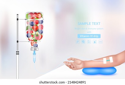 Vitamin Iv Drip Treatment. Needle Intravenous For Infusion On Arm. Vitamins Berry Infusion Therapy. Different Fruit Vegetable Inside Saline Bag. Medical And Beauty Concept. Realistic 3D Vector.