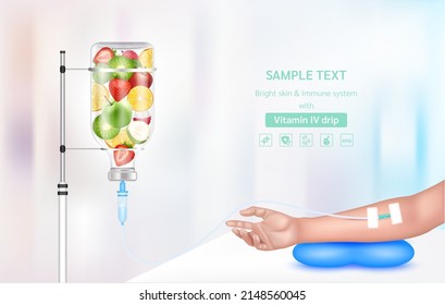 Vitamin Iv Drip Treatment. Needle Intravenous For Infusion On Arm. Vitamins Berry Infusion Therapy. Different Fruit Vegetable Inside Saline Bag. Medical And Beauty Concept. Realistic 3D Vector.