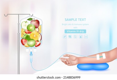 Vitamin Iv Drip Treatment. Needle Intravenous For Infusion On Arm. Vitamins Berry Infusion Therapy. Different Fruit Vegetable Inside Saline Bag. Medical And Beauty Concept. Realistic 3D Vector.