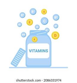 Vitamin jar, supplement health care. Fat and water soluble vitamins, useful nutritional dietary supplement. Different types of food additives in bottle. Vector illustration