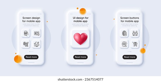 Vitamin k, Award app and Fingerprint research line icons pack. 3d phone mockups with heart. Glass smartphone screen. Shopping cart, Copyright, Equality web icon. Lock, Fake news pictogram. Vector