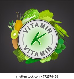 Vitamin K banner. Beautiful vector illustration with caption lettering and top foods highest in vitamin K isolated on a dark grey background. Useful for leaflet, brochure or poster design