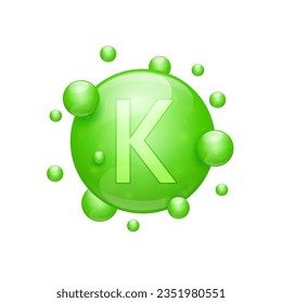 Vitamin K capsules green nutrients minerals that are essential the body. Vitamins complex for skin care cosmetics dietary supplement design. Medical concepts. Icon 3D on white background. Vector.