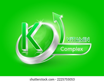 Vitamin K in circle shape green with arrow. Used for designing dietary supplements or beauty products. Medical concepts. Isolated 3d icon. Vector EPS10 illustration.